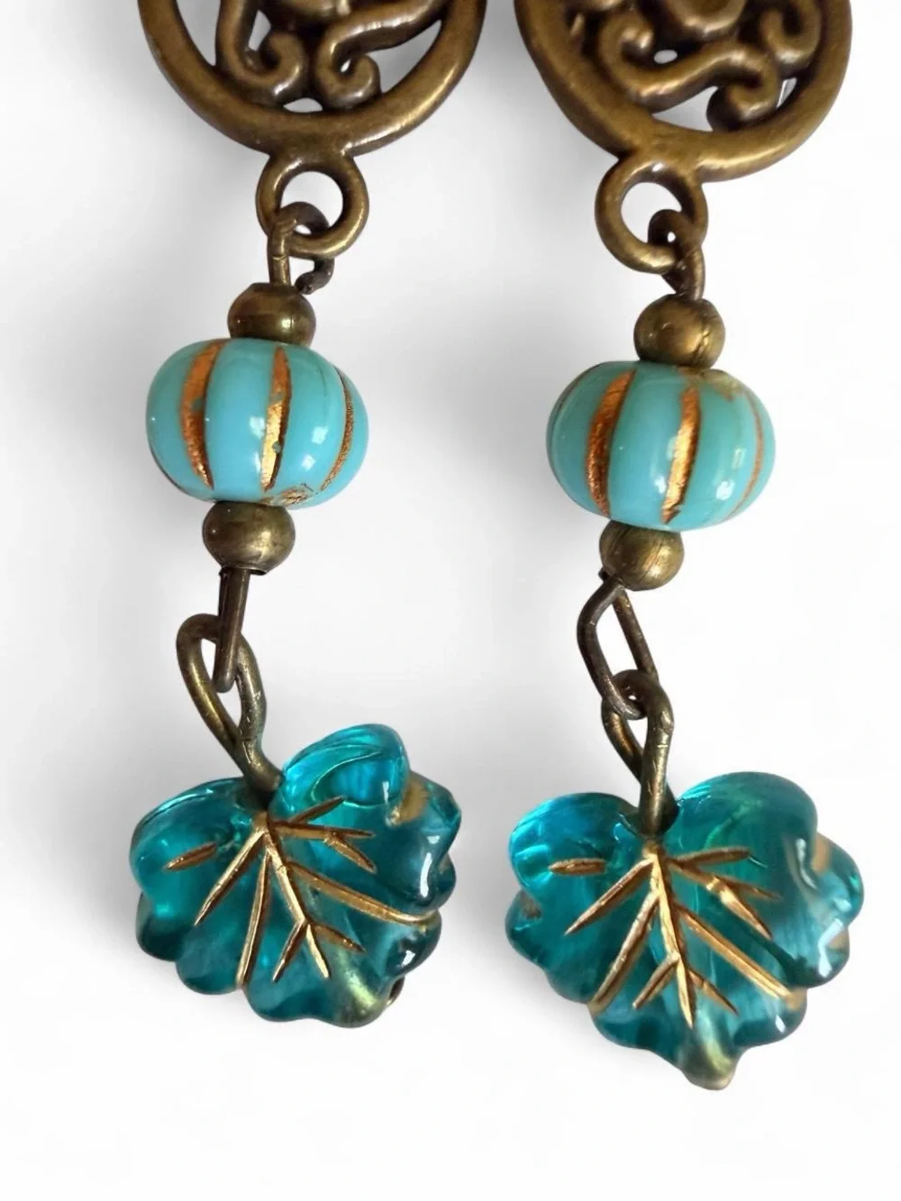 Handmade Vintage-Style Bronze Medallion & Blue Leaf Dangle Earrings
